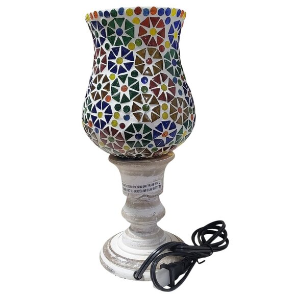 Multi Color Mosaic Glass Lamp with Handcarved Wooden Base